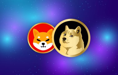 Shiba inu ve dogecoin sanal para birimi görselleri soyut bir arkaplanda. 3d illüstrasyon.