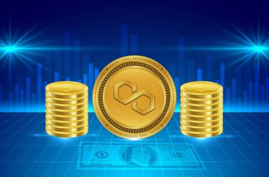 Dijital arkaplanda çokgen-matik kripto para birimi resimleri. 3d illüstrasyon.