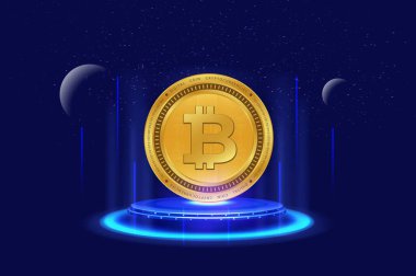 Dijital arkaplandaki bitcoin-btc logosunun görüntüleri. 3d illüstrasyon.