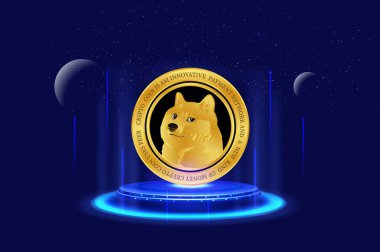 Dijital arkaplanda dogecoin-dog kripto para biriminin görüntüleri. 3d illüstrasyon.
