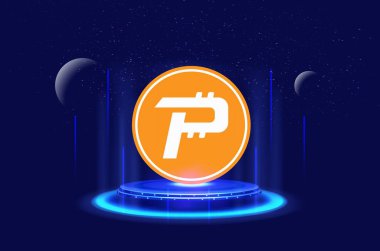 Dijital arkaplanda kripto para birimi logoları var. Pascal-Pasc madeni parası. 3d illüstrasyon.