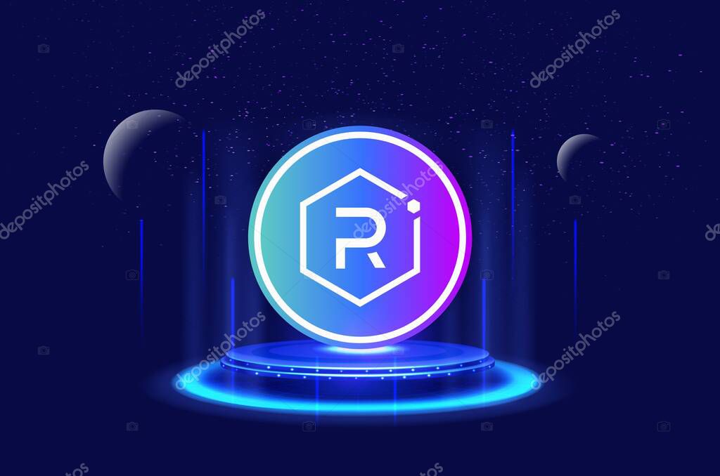 Raydyum-ray virtual currency image in the digital background. 3d illustrations.