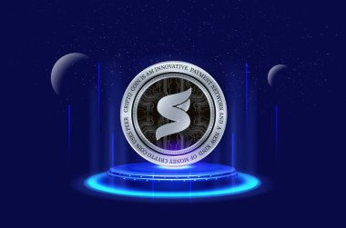 Dijital arka planda süper çiftlik süper sanal para birimi görüntüleri. 3d illüstrasyon.