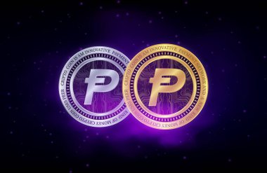 Dijital arka planda Potcoin-pot kripto para birimi resimleri. 3d illüstrasyon.