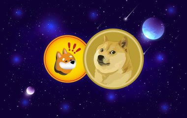 Dijital arkaplanda dogecoin ve bong sikkesi logosu resmi. 3d illüstrasyon.