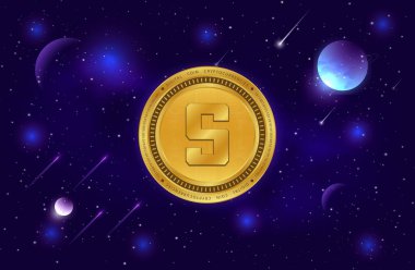  Soyut arka planda kum havuzu ve sanal para birimi logosu. 3d illüstrasyon.