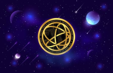 Dijital arkaplanda Celestia-tia şifreli para birimi logoları var. 3d illüstrasyon.