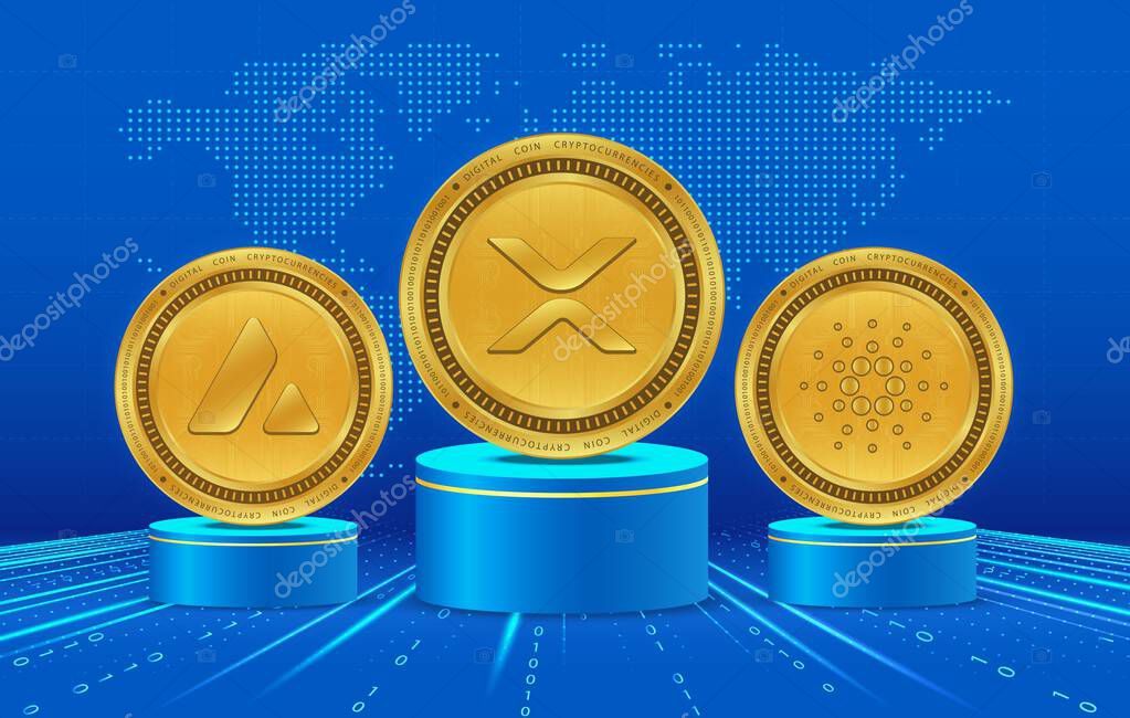 Cardano-ada, avalanche-avax and ripple-xrp virtual currency logo. 3d illustrations.