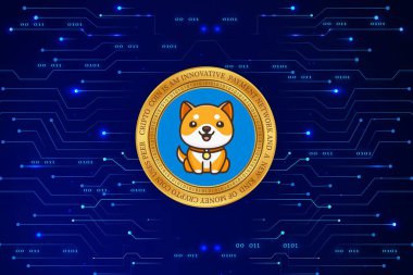 Bebek Doge renkli ışık arka planında sanal para birimi logosu. 3d illüstrasyon