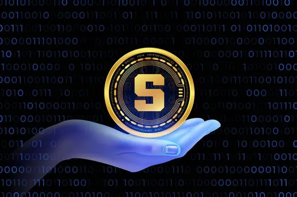  Soyut arka planda kum havuzu ve sanal para birimi logosu. 3d illüstrasyon.