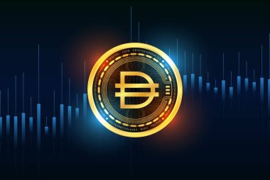 Dijital arkaplanda dai kripto para birimi resimleri. 3d illüstrasyon.