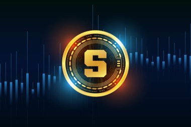  Soyut arka planda kum havuzu ve sanal para birimi logosu. 3d illüstrasyon.