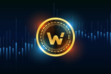 Woo ağı dijital arkaplanda sanal para birimi görüntüleri. 3d illüstrasyon.