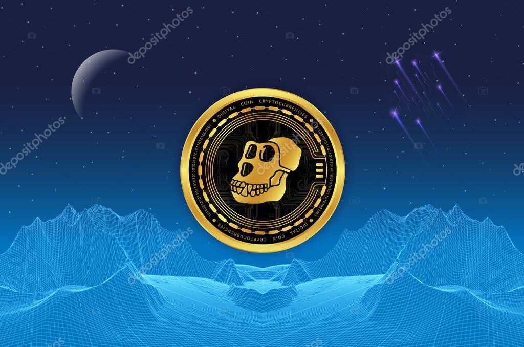 Image of apecoin virtual currency on a digital background. 3d illustration.