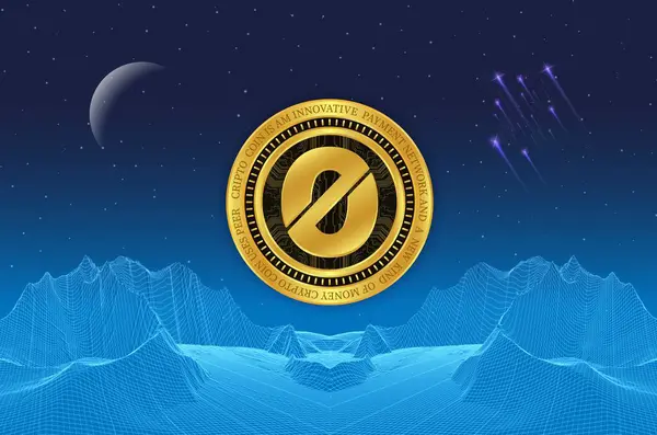 Dijital bir arkaplanda ogn sikkesi sanal para birimi görüntüsü. 3d illüstrasyon.