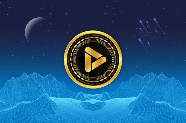 Dijital arkaplanda playdapp-pla sanal para birimi resmi. 3d illüstrasyon.