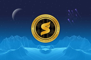 Dijital arka planda süper çiftlik süper sanal para birimi görüntüleri. 3d illüstrasyon.