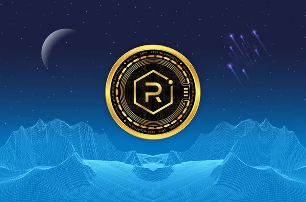 Dijital arkaplanda Raydyum-ışını sanal para birimi görüntüsü. 3d illüstrasyon.