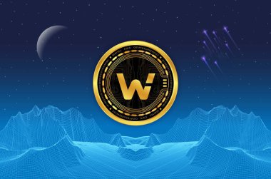 Woo ağı dijital arkaplanda sanal para birimi görüntüleri. 3d illüstrasyon.