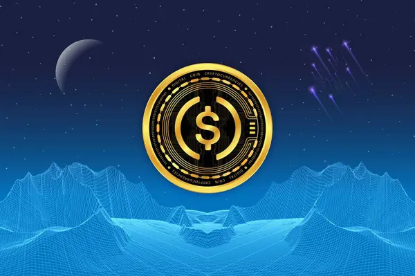 USDC dijital arkaplanda sanal para birimi görüntüleri. 3d illüstrasyon.
