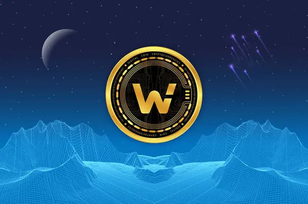 Woo ağı dijital arkaplanda sanal para birimi görüntüleri. 3d illüstrasyon.