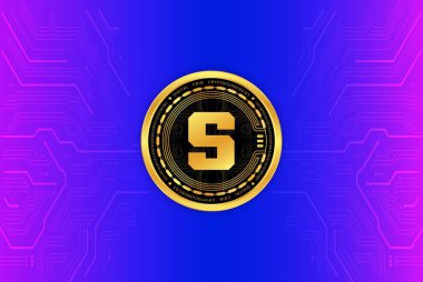  Soyut arka planda kum havuzu ve sanal para birimi logosu. 3d illüstrasyon.