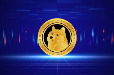Dijital arkaplanda dogecoin-dog kripto para biriminin görüntüleri. 3d illüstrasyon.