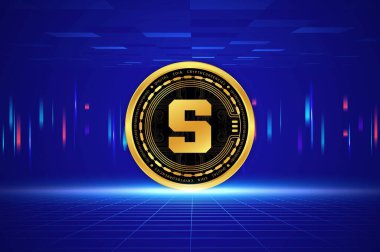  Soyut arka planda kum havuzu ve sanal para birimi logosu. 3d illüstrasyon.