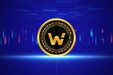 Woo ağı dijital arkaplanda sanal para birimi görüntüleri. 3d illüstrasyon.