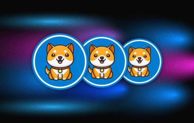 Bebek Doge renkli ışık arka planında sanal para birimi logosu. 3d illüstrasyon