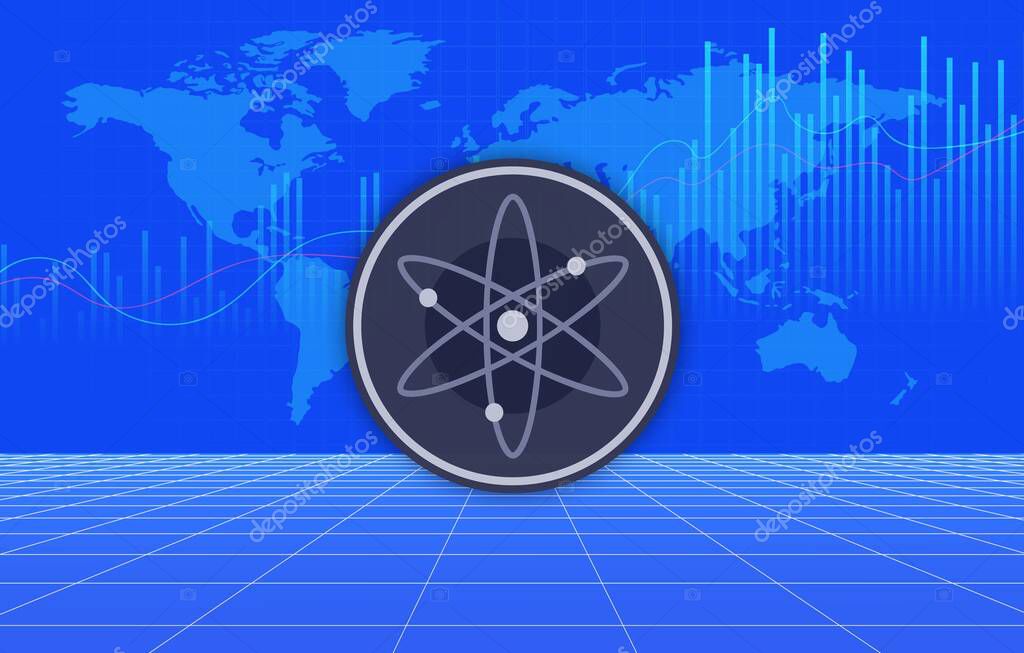 Images of cosmos-atom cryptocurrency on digital background. 3d illustrations.