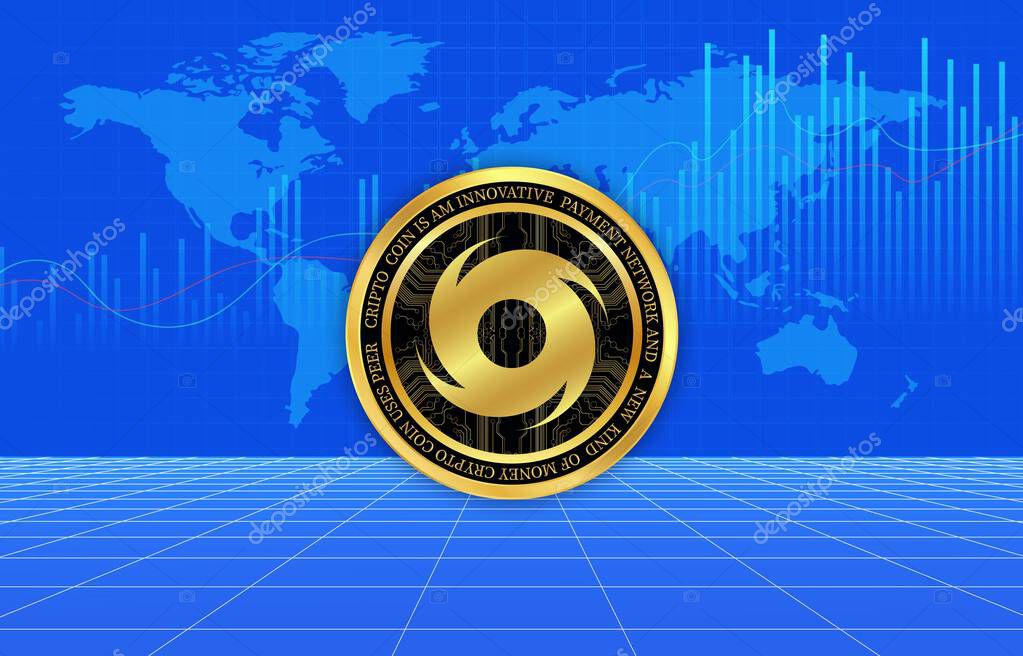 Images of cryptocurrency logos on digital background. tornado cash-torn coin. 3d illustrations.