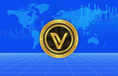 Dijital arkaplanda vekhain-vet kripto para birimi resimleri. 3d illüstrasyon.
