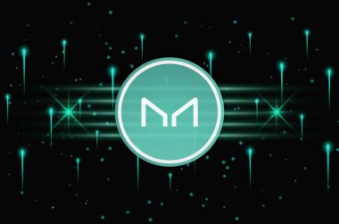 Dijital arka planda sanal para üreticisi-mkr madeni parasının bir görüntüsü. 3d illüstrasyon.