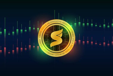 Dijital arka planda süper çiftlik süper sanal para birimi görüntüleri. 3d illüstrasyon.