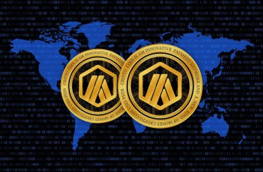 Arbitrum-yay sanal para biriminin dijital arkaplandaki görüntüsü. 3d illüstrasyon.