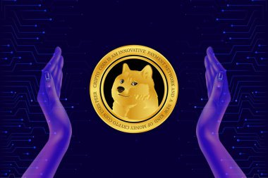 Dijital arkaplanda dogecoin-dog kripto para biriminin görüntüleri. 3d illüstrasyon.