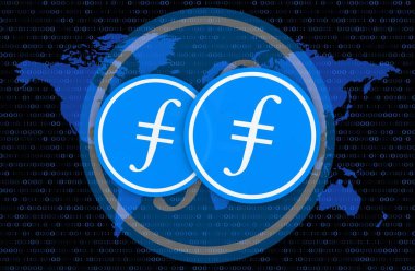 Dijital arkaplanda filecoin-fil sanal para biriminin görüntüsü. 3d illüstrasyon.