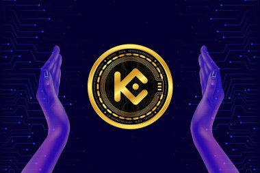 Dijital arkaplanda kucoin-kcs sanal para birimi resimleri. 3d illüstrasyon.