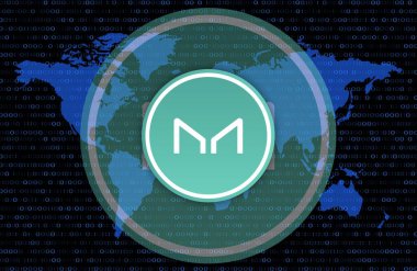 Dijital arka planda sanal para üreticisi-mkr madeni parasının bir görüntüsü. 3d illüstrasyon.