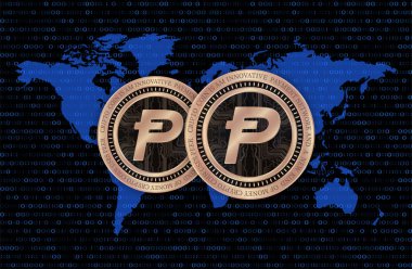 Dijital arka planda Potcoin-pot kripto para birimi resimleri. 3d illüstrasyon.