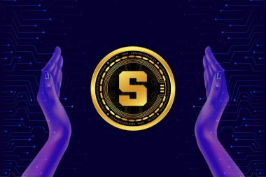  Soyut arka planda kum havuzu ve sanal para birimi logosu. 3d illüstrasyon.