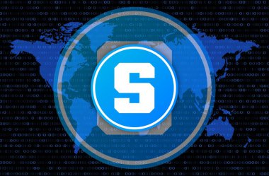  Soyut arka planda kum havuzu ve sanal para birimi logosu. 3d illüstrasyon.