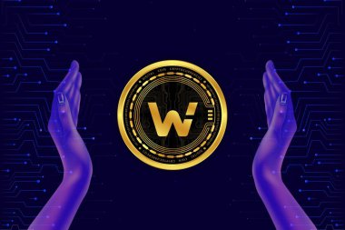 Woo ağı dijital arkaplanda sanal para birimi görüntüleri. 3d illüstrasyon.