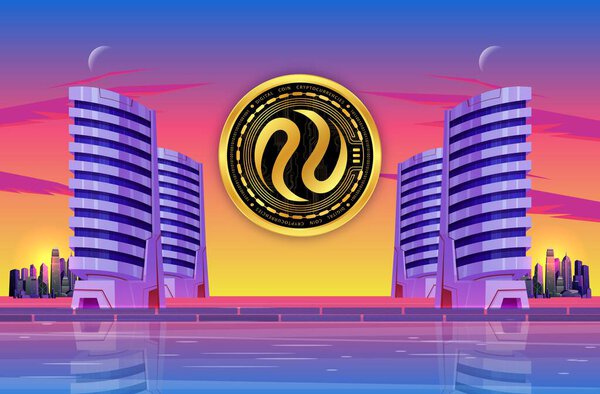 Image of injective protocol-inj cryptocurrency on city background at sunset. 3d illustrations.