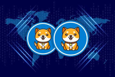 Baby doge virtual currency logo on colorful lights background. 3d illustration
