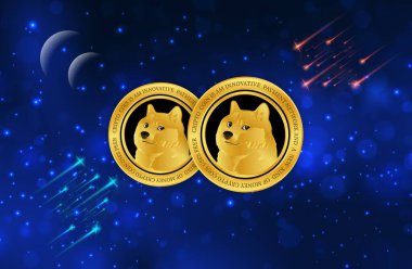 Dijital arkaplanda dogecoin-dog kripto para biriminin görüntüleri. 3d illüstrasyon.