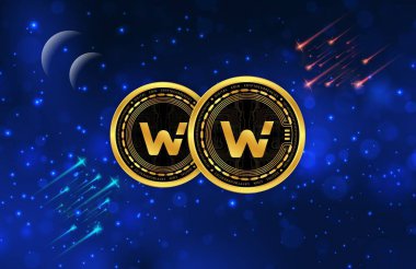 Woo ağı dijital arkaplanda sanal para birimi görüntüleri. 3d illüstrasyon.