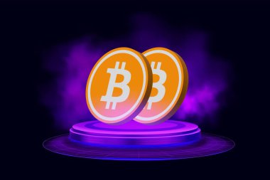 Dijital arkaplandaki bitcoin-btc logosunun görüntüleri. 3d illüstrasyon.