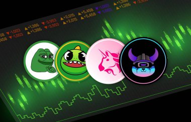 Shiba inu, bebek doge, dogecoin ve floki inu para sanal para biriminin dijital arkaplanda bir görüntüsü. 3d illüstrasyon.